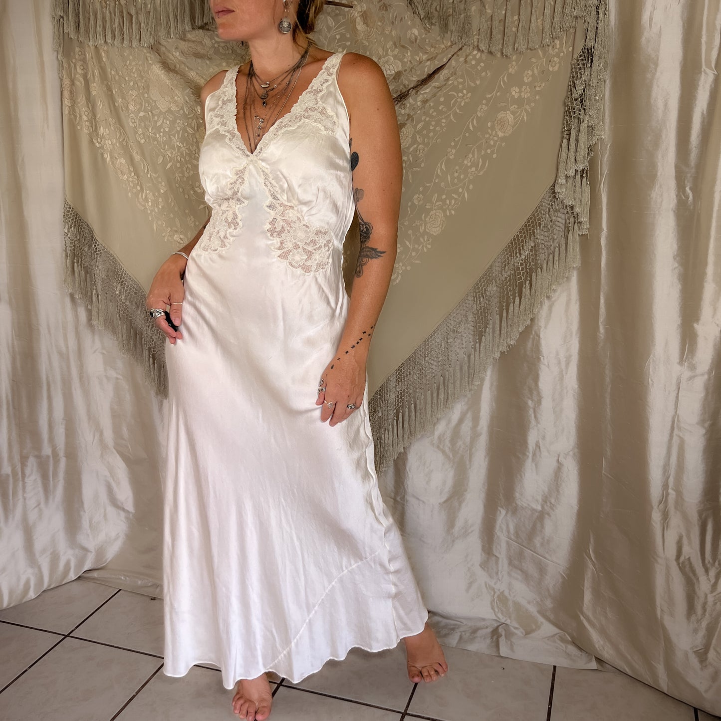 1930s Vintage silk maxi slip dress in egg shell white