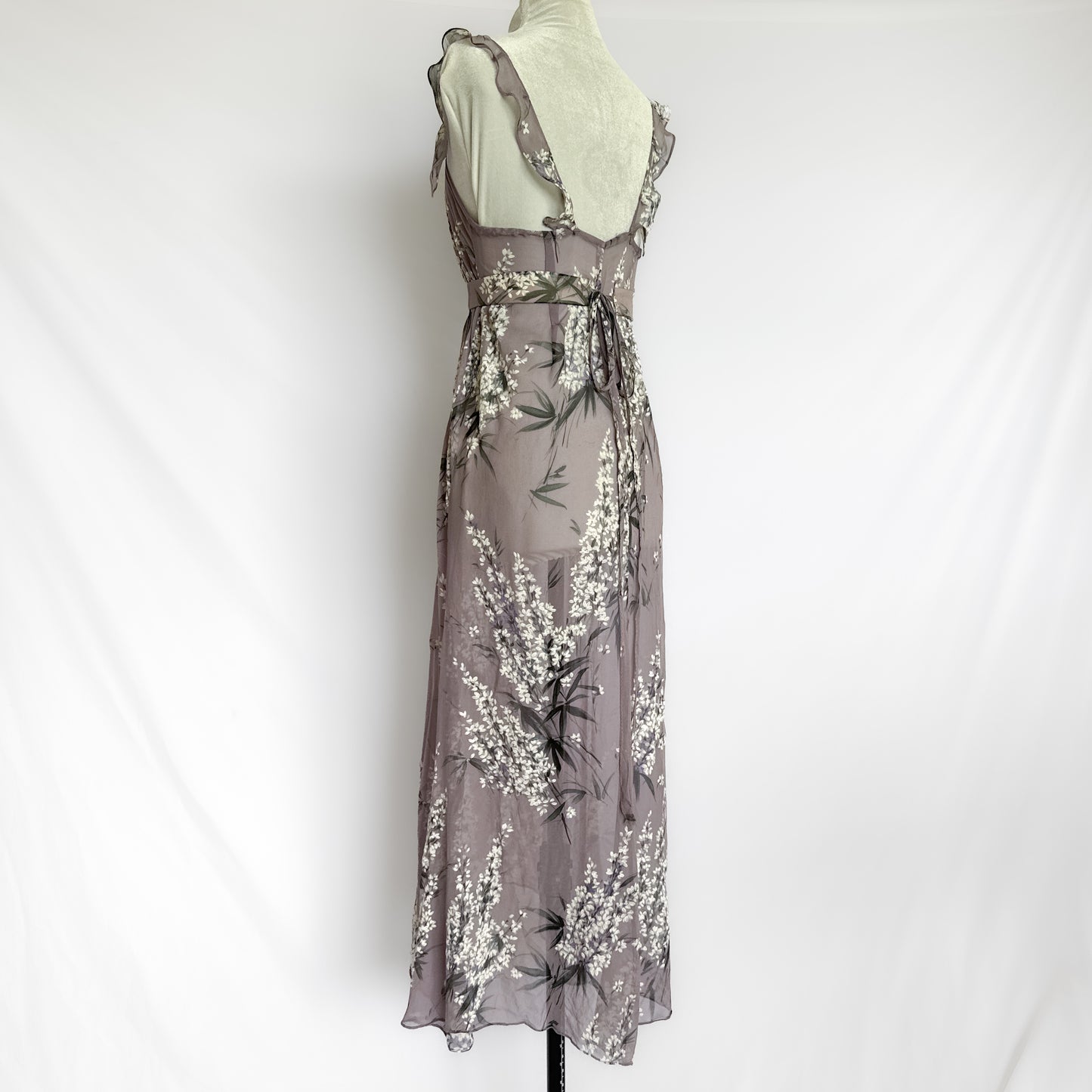 100% silk chiffon floral maxi slip dress & belt in lavender purple