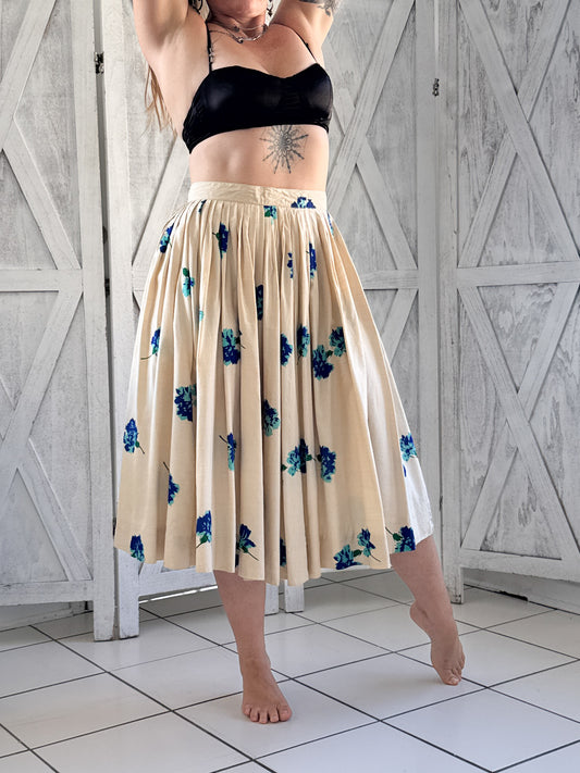 Vintage 1950s silk floral midi skirt in oat with cobalt and sky blues