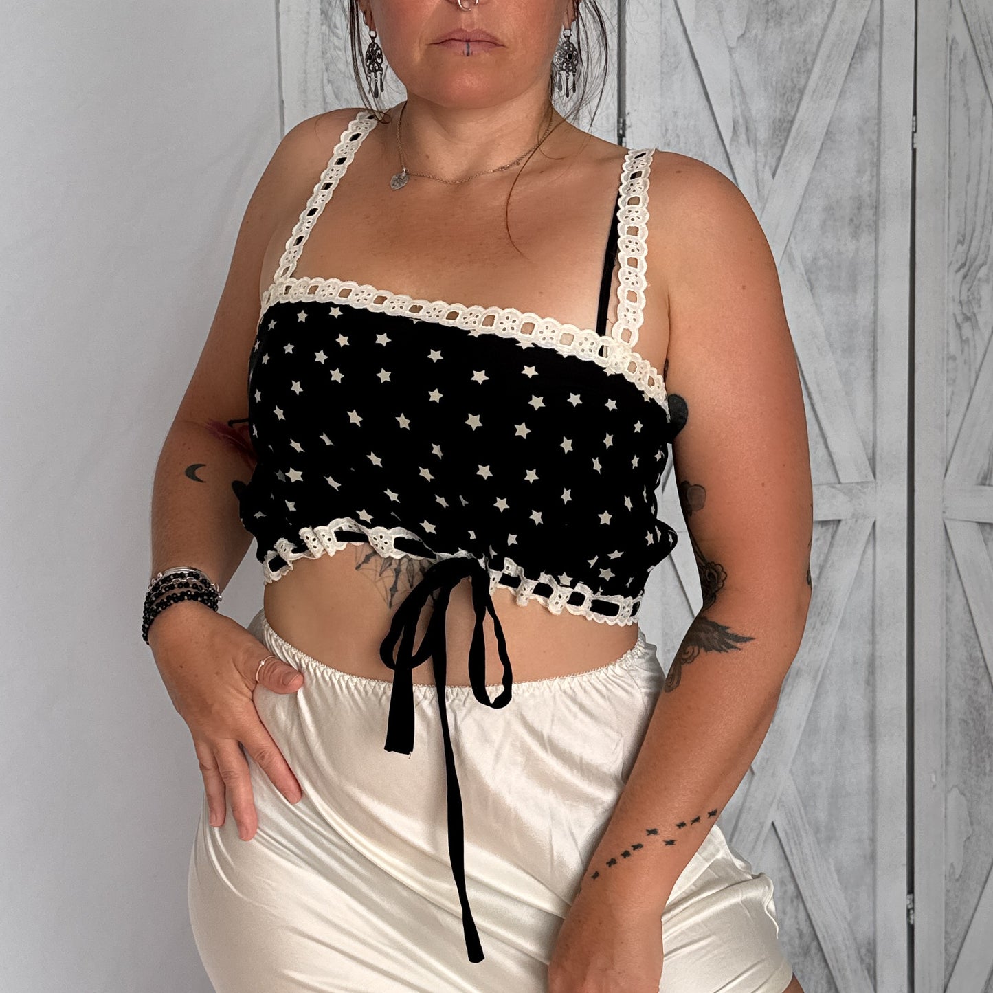100% silk & lace crop top in black & white star