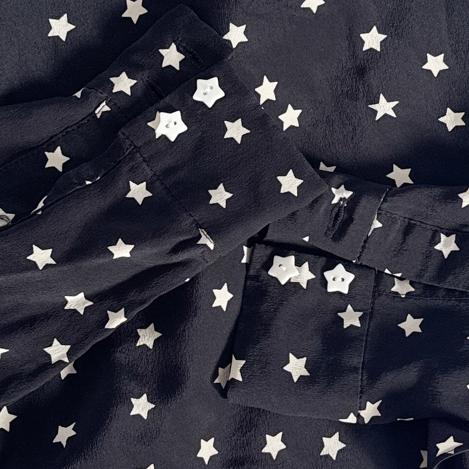 Vintage Black & White Star Print Silk Crop Top | 100% Silk Crepe | Size S