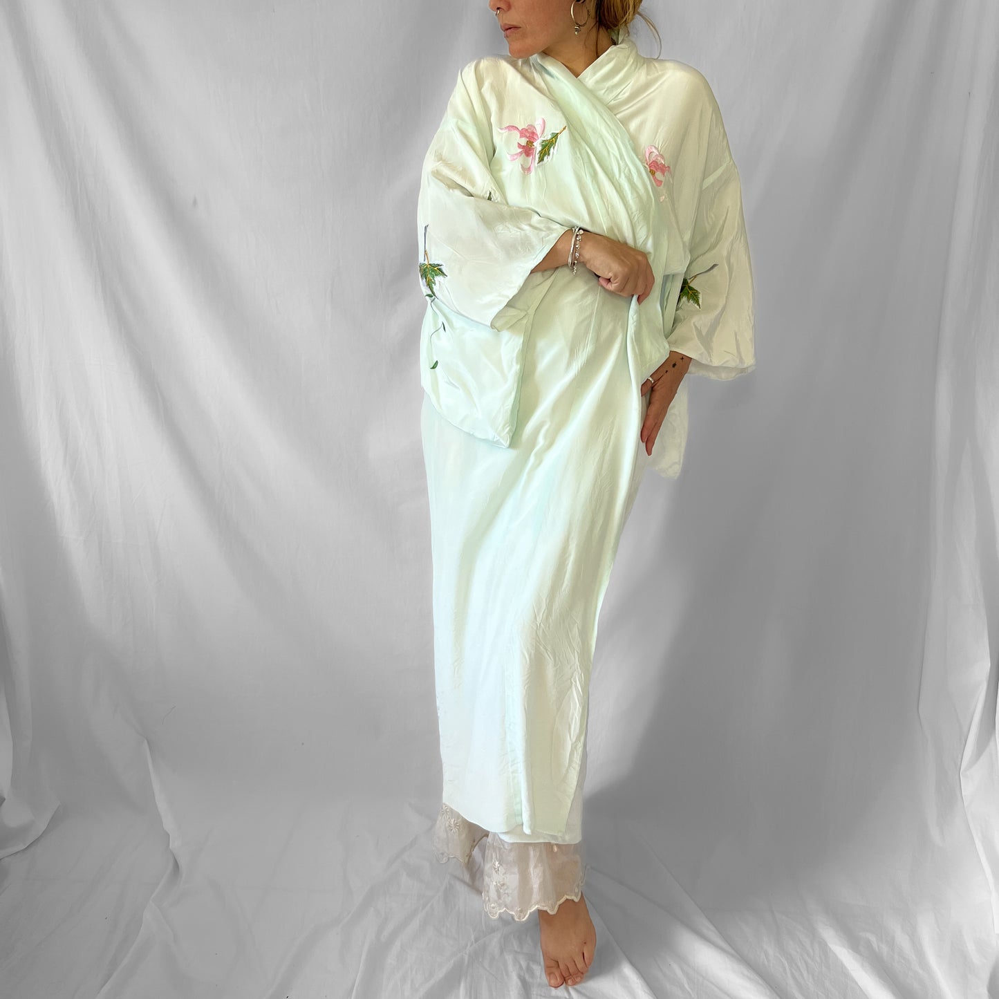 Vintage 1970s embroidered satin kimono in seafoam