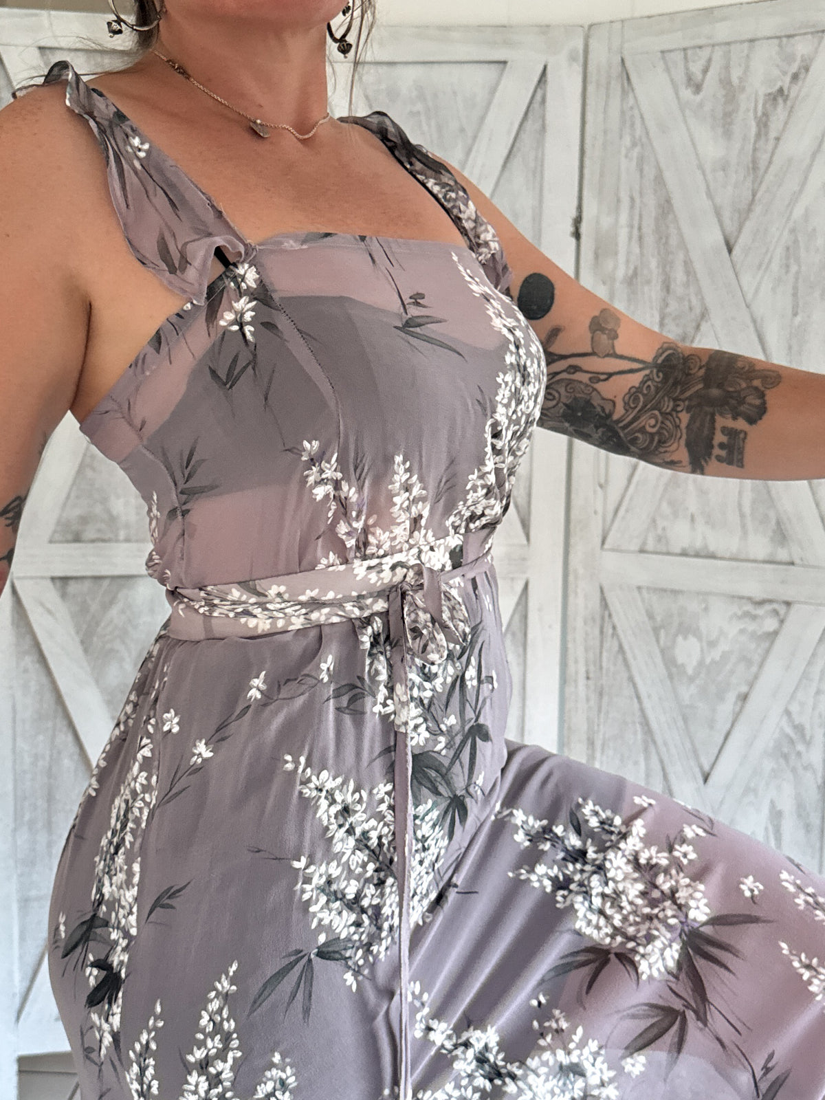 100% silk chiffon floral maxi slip dress & belt in lavender purple