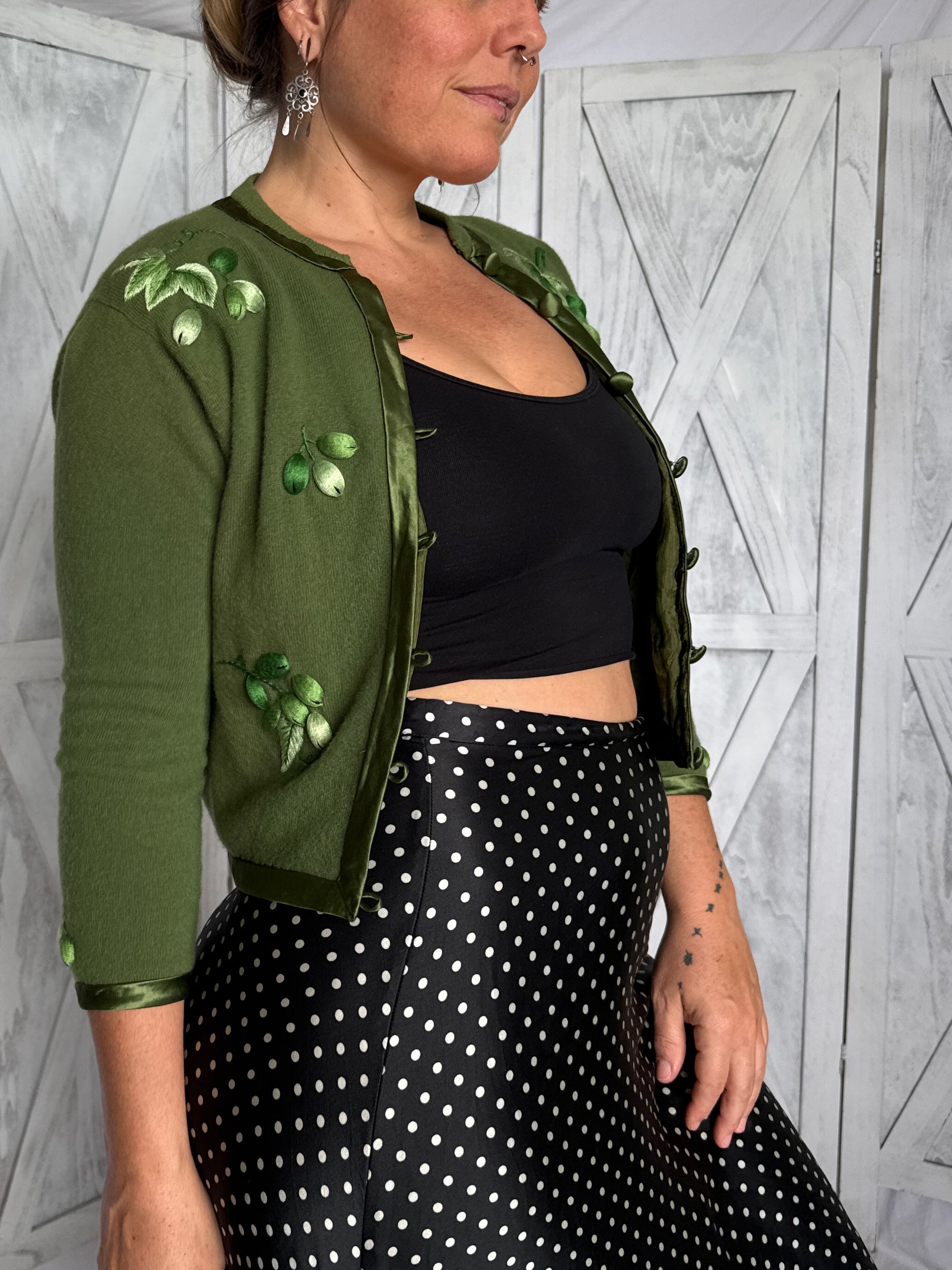 1950s cropped cardigan fern green hand embroidered