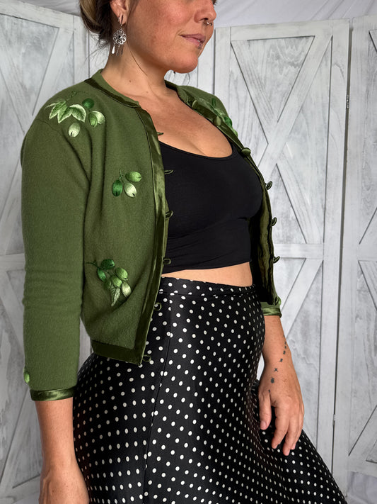 1950s cropped cardigan fern green hand embroidered