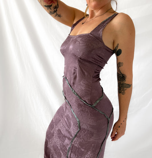 Vintage rustic floral jacquard maxi slip dress in deep lavender mauve