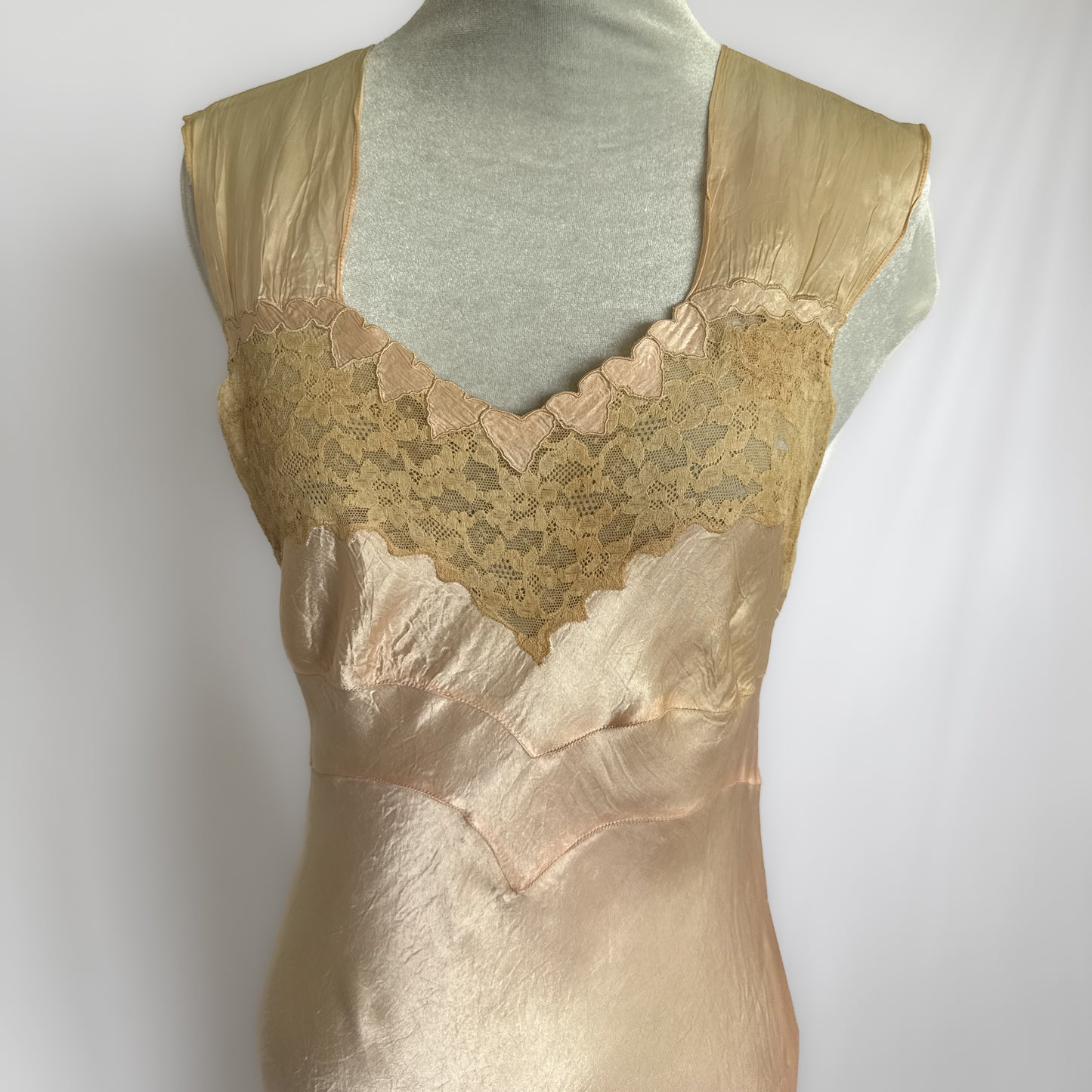1930s vintage heart and lace slip dress in guava pink
