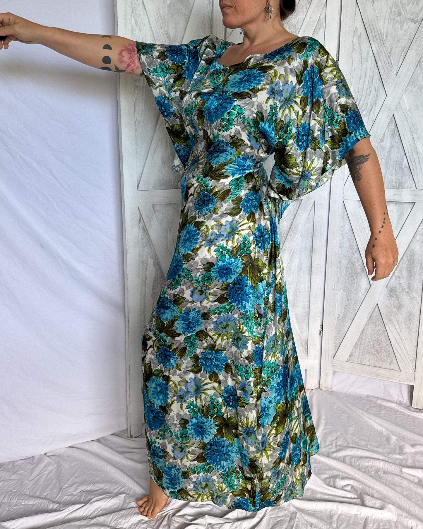 Vintage 60s maxi dress full length turquoise green floral