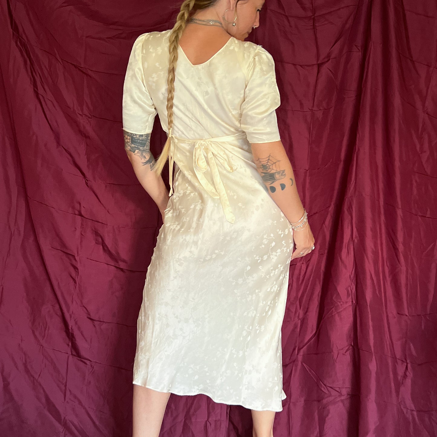 1930s vintage 100% silk jacquard slip dress with floral embroidery in cream