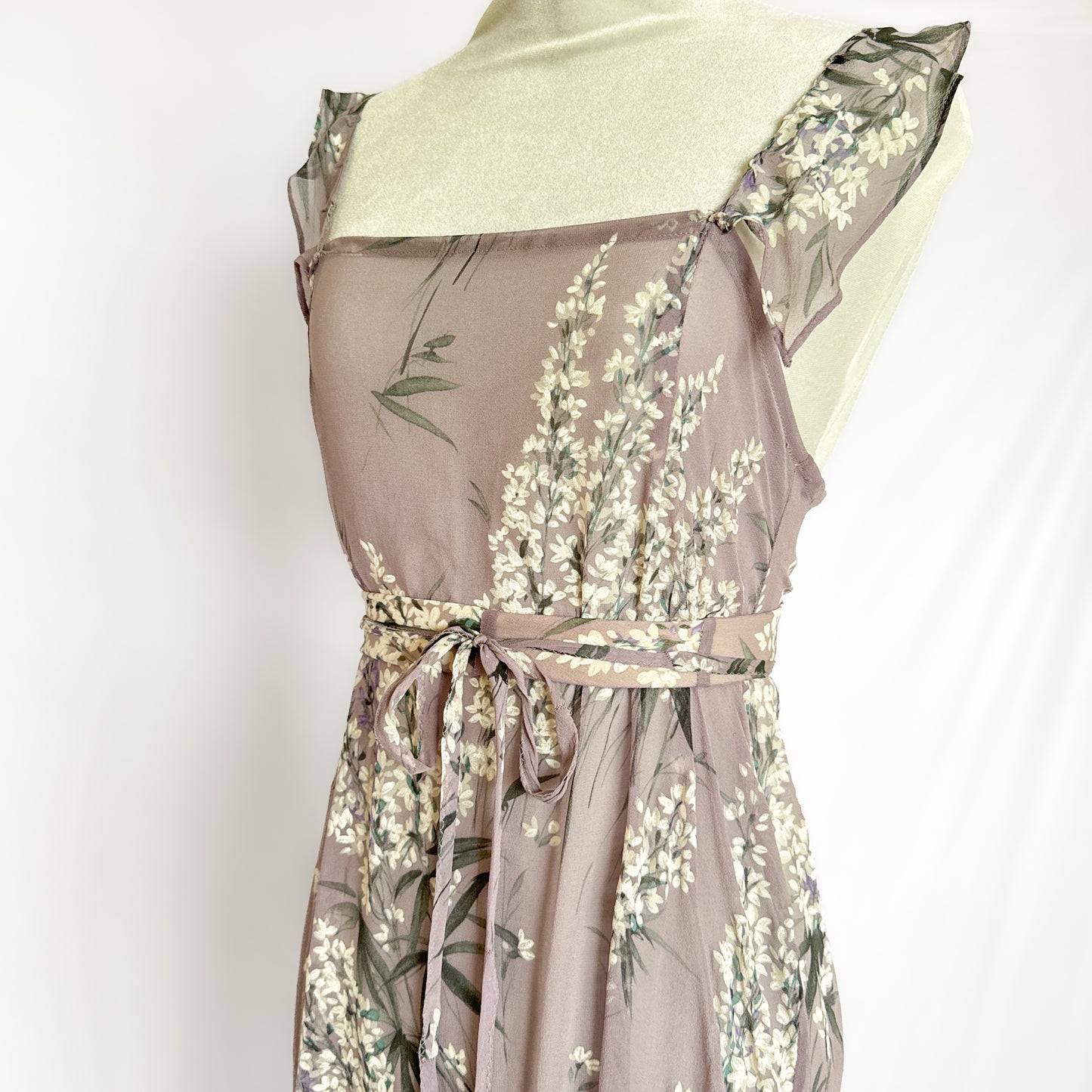 100% silk chiffon floral maxi slip dress & belt in lavender purple
