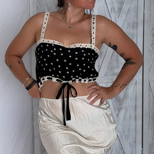 100% silk & lace crop top in black & white star