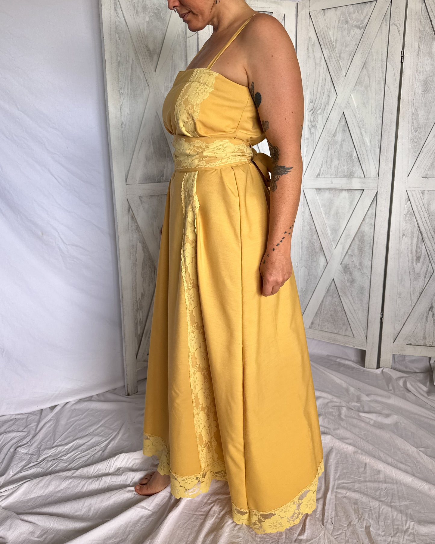 Vintage lace maxi prairie dress is mustard yellow