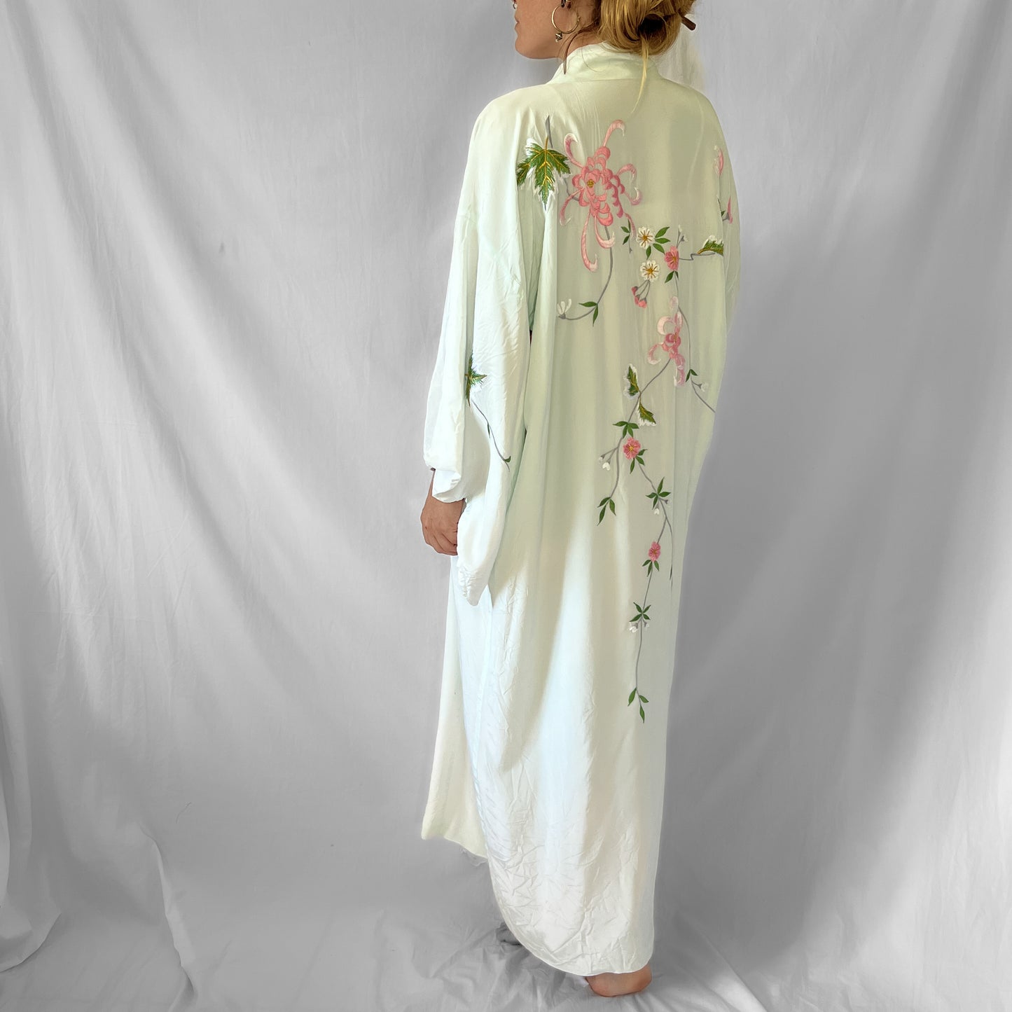 Vintage 1970s embroidered satin kimono in seafoam
