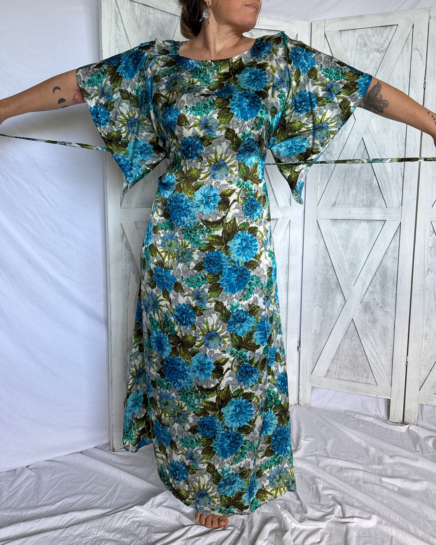 Floral satin maxi dress in 1960s turquoise, olive green and grey