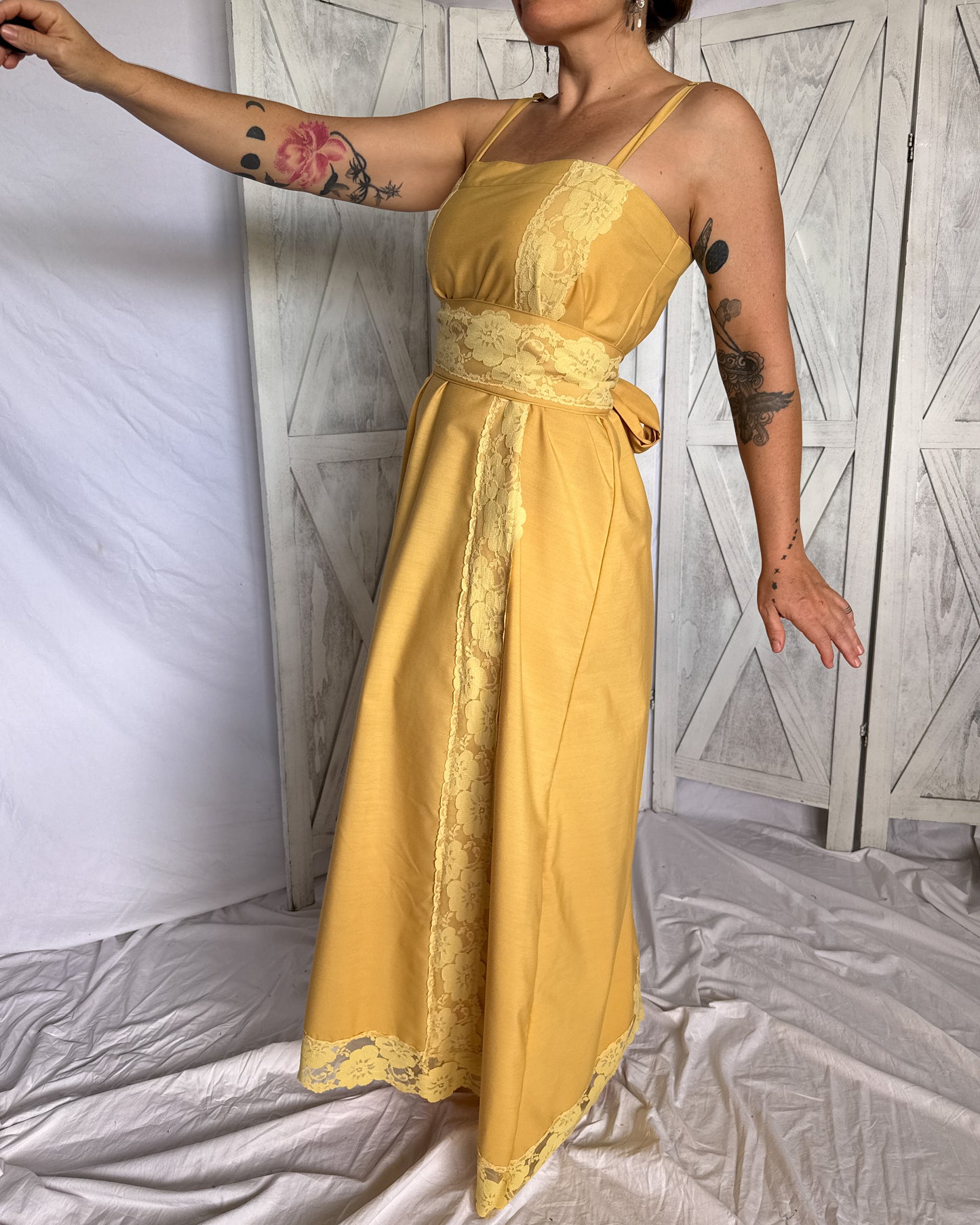 Vintage lace maxi prairie dress is mustard yellow