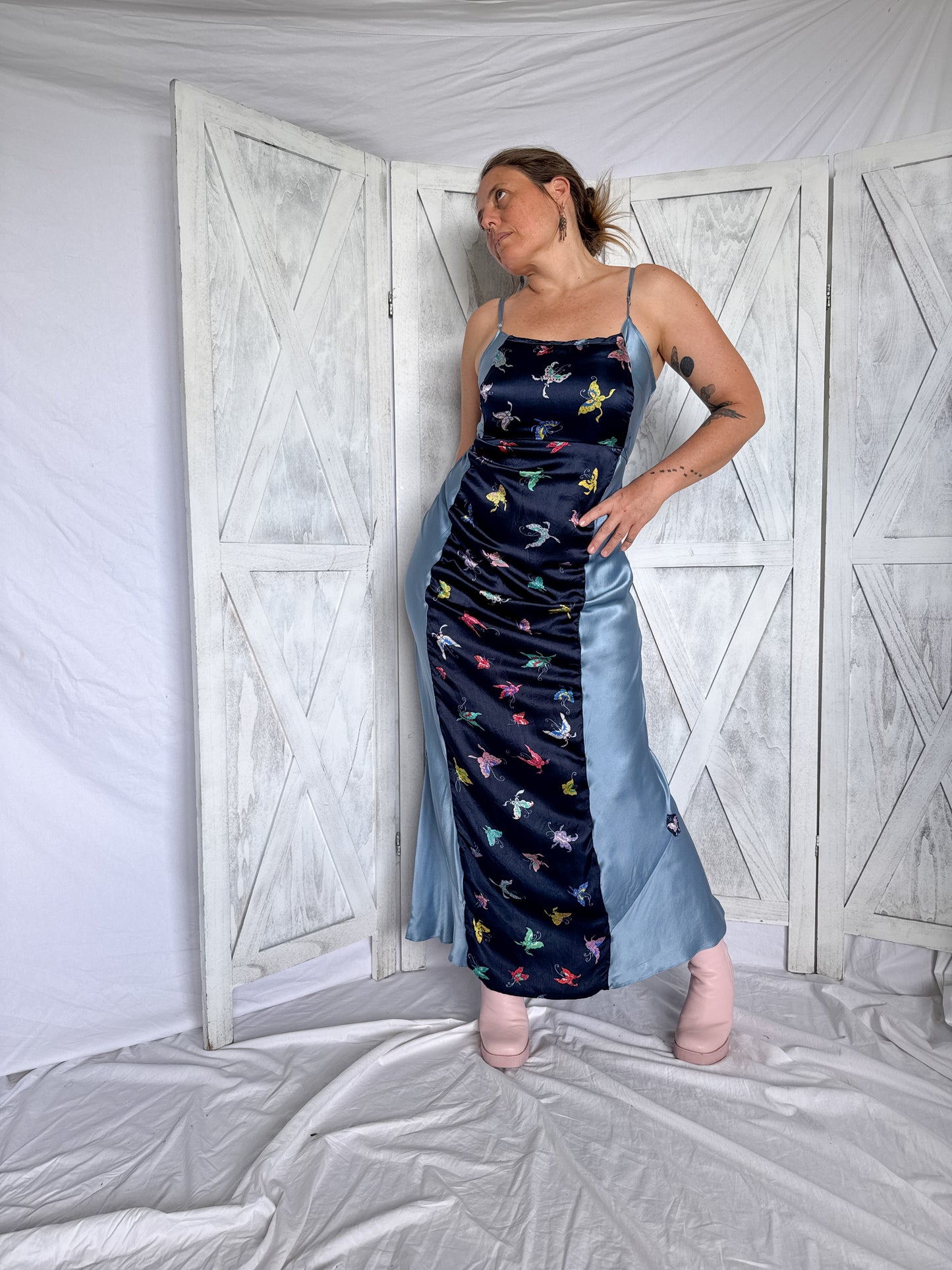 Maxi slip dress- 100% silk- butterfly patterned dress