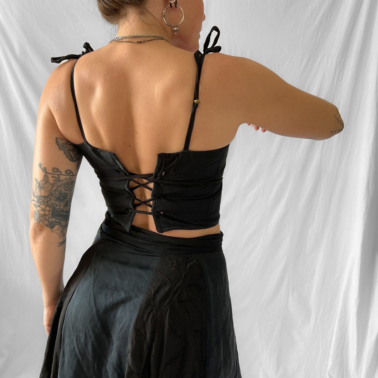 SOLDHand made 100% silk corset cropped top in matte jet