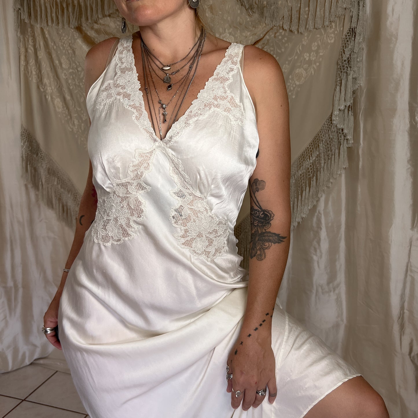 1930s Vintage silk maxi slip dress in egg shell white