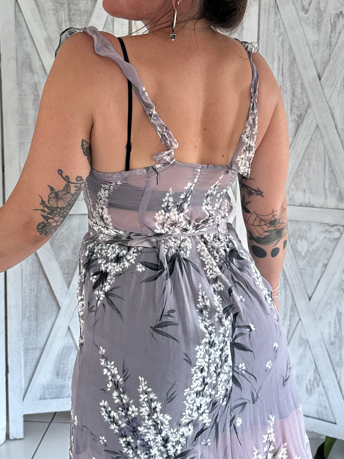 100% silk chiffon floral maxi slip dress & belt in lavender purple