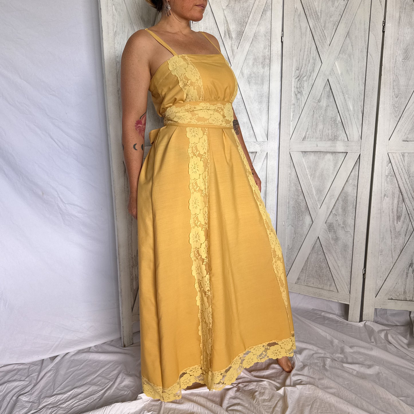 Vintage lace maxi prairie dress is mustard yellow