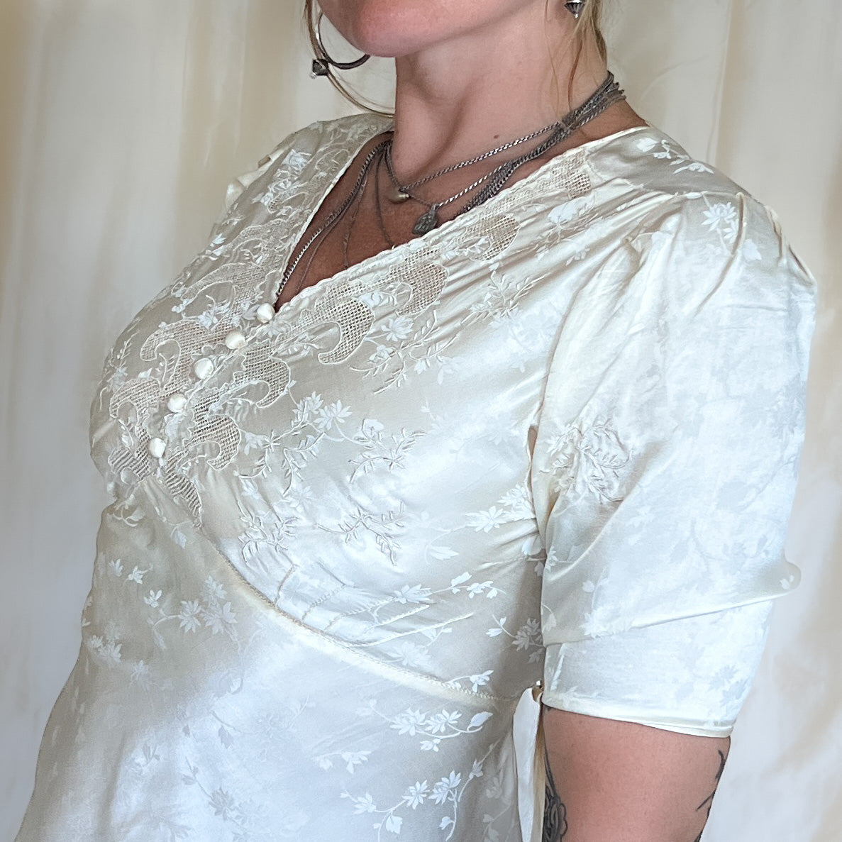 1930s vintage 100% silk jacquard slip dress with floral embroidery in cream