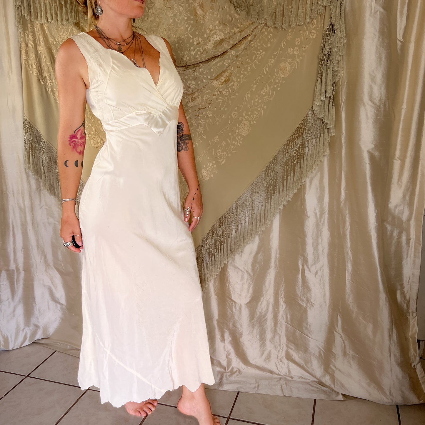 SOLD1930s Vintage silk maxi slip dress in butter cream yellow