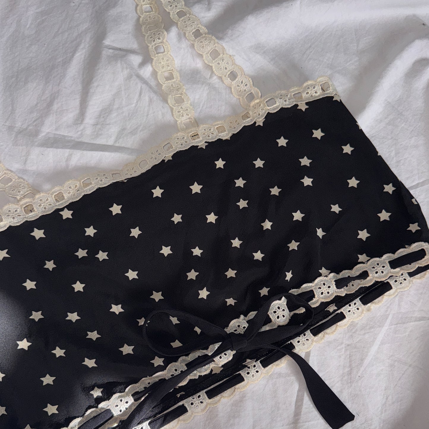 100% silk & lace crop top in black & white star