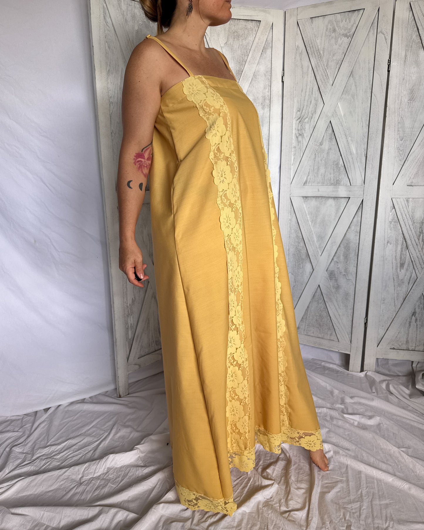 Vintage lace maxi prairie dress is mustard yellow