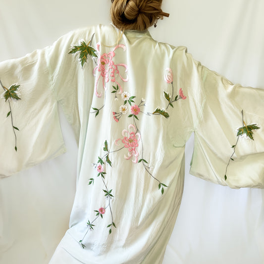 Vintage 1970s embroidered satin kimono in seafoam