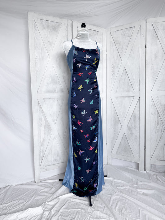 Maxi slip dress- 100% silk- butterfly patterned dress