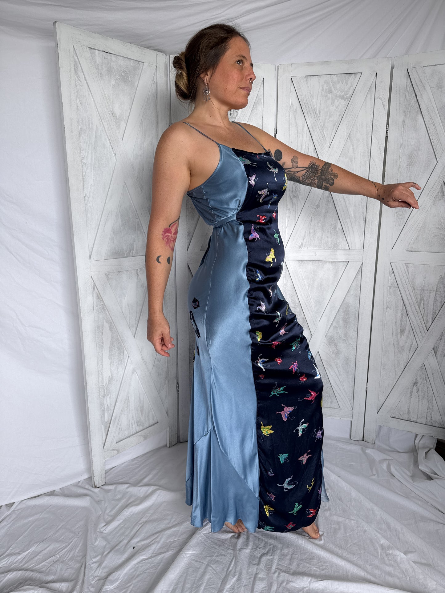 Maxi slip dress- 100% silk- butterfly patterned dress