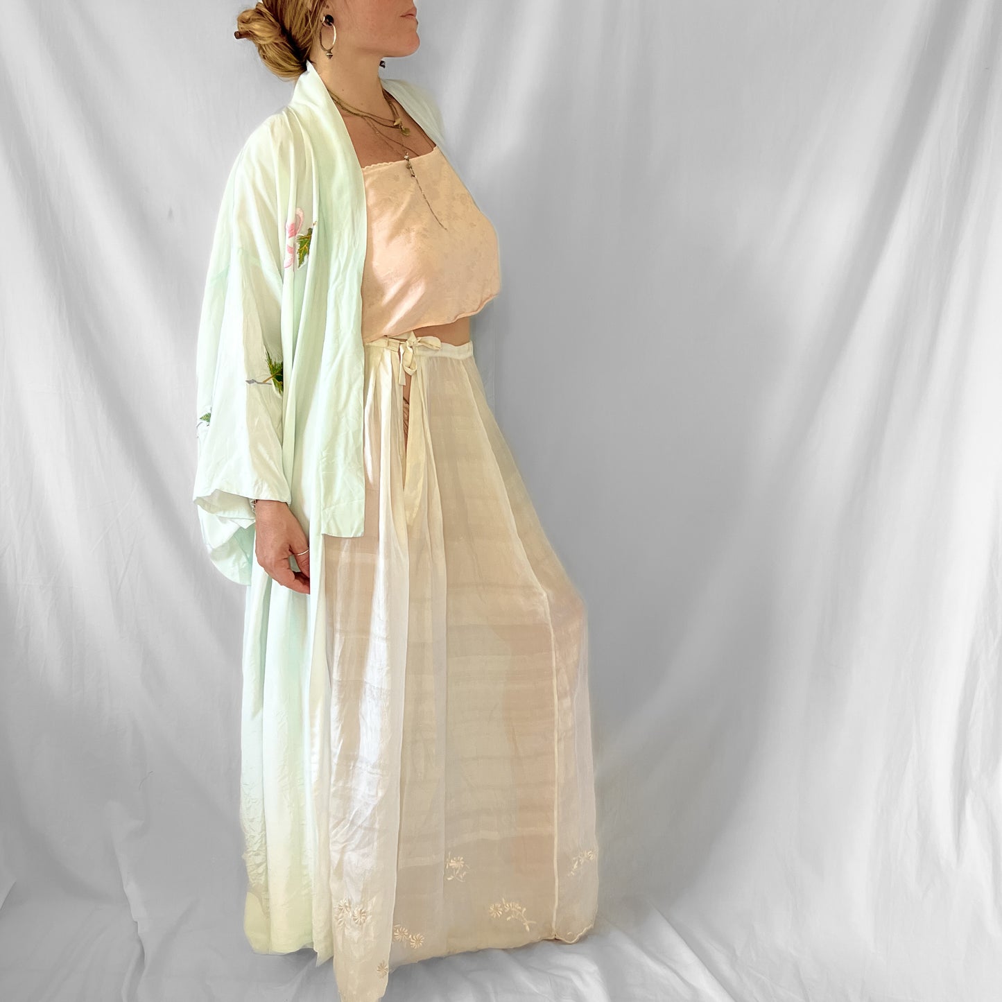 Vintage 1970s embroidered satin kimono in seafoam