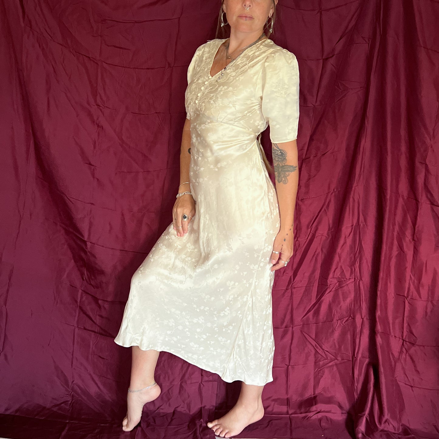 1930s vintage 100% silk jacquard slip dress with floral embroidery in cream