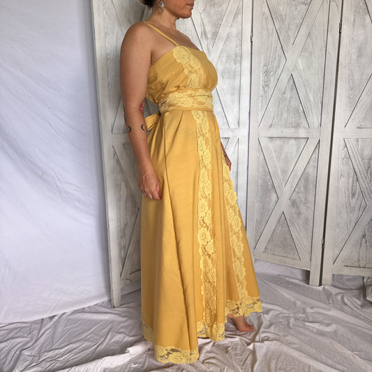 Vintage lace maxi prairie dress is mustard yellow