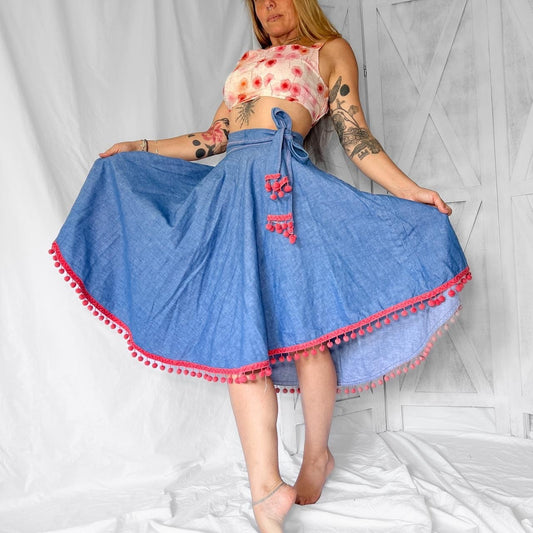 1960s Vintage hippie denim round skirt with ball fringe