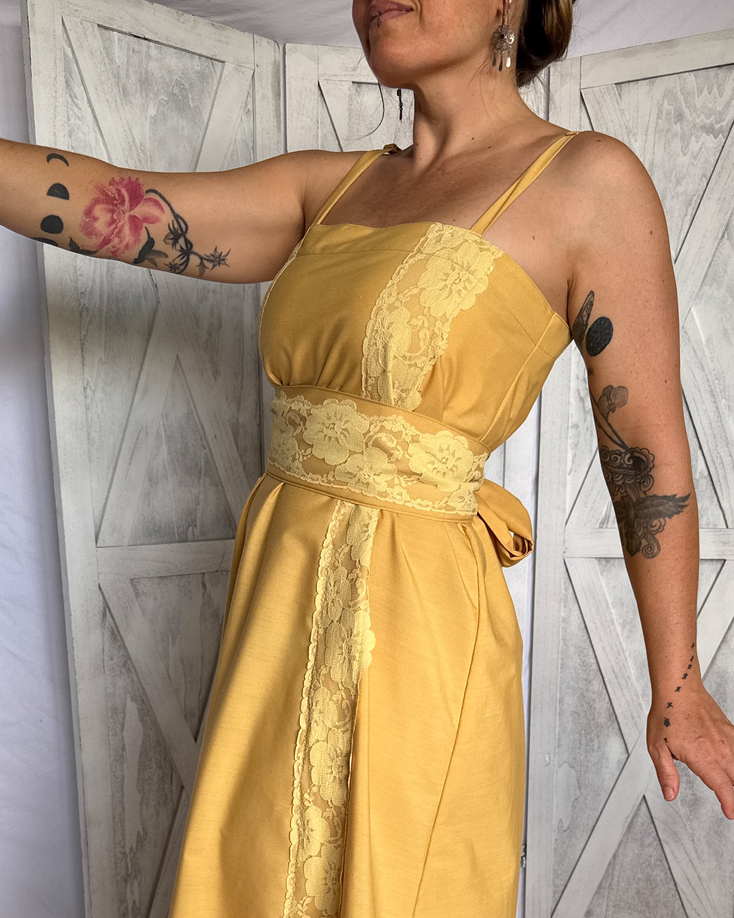 Vintage lace maxi prairie dress is mustard yellow