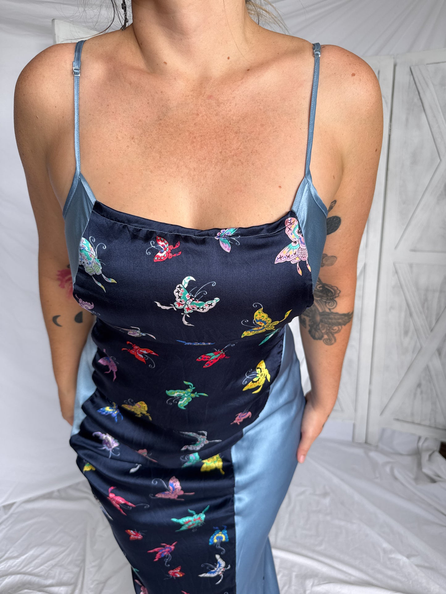 Maxi slip dress- 100% silk- butterfly patterned dress