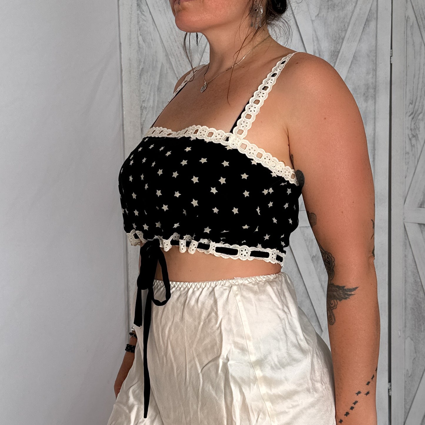 100% silk & lace crop top in black & white star