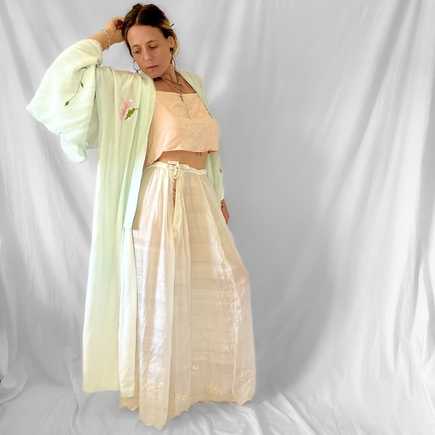Vintage 1970s embroidered satin kimono in seafoam