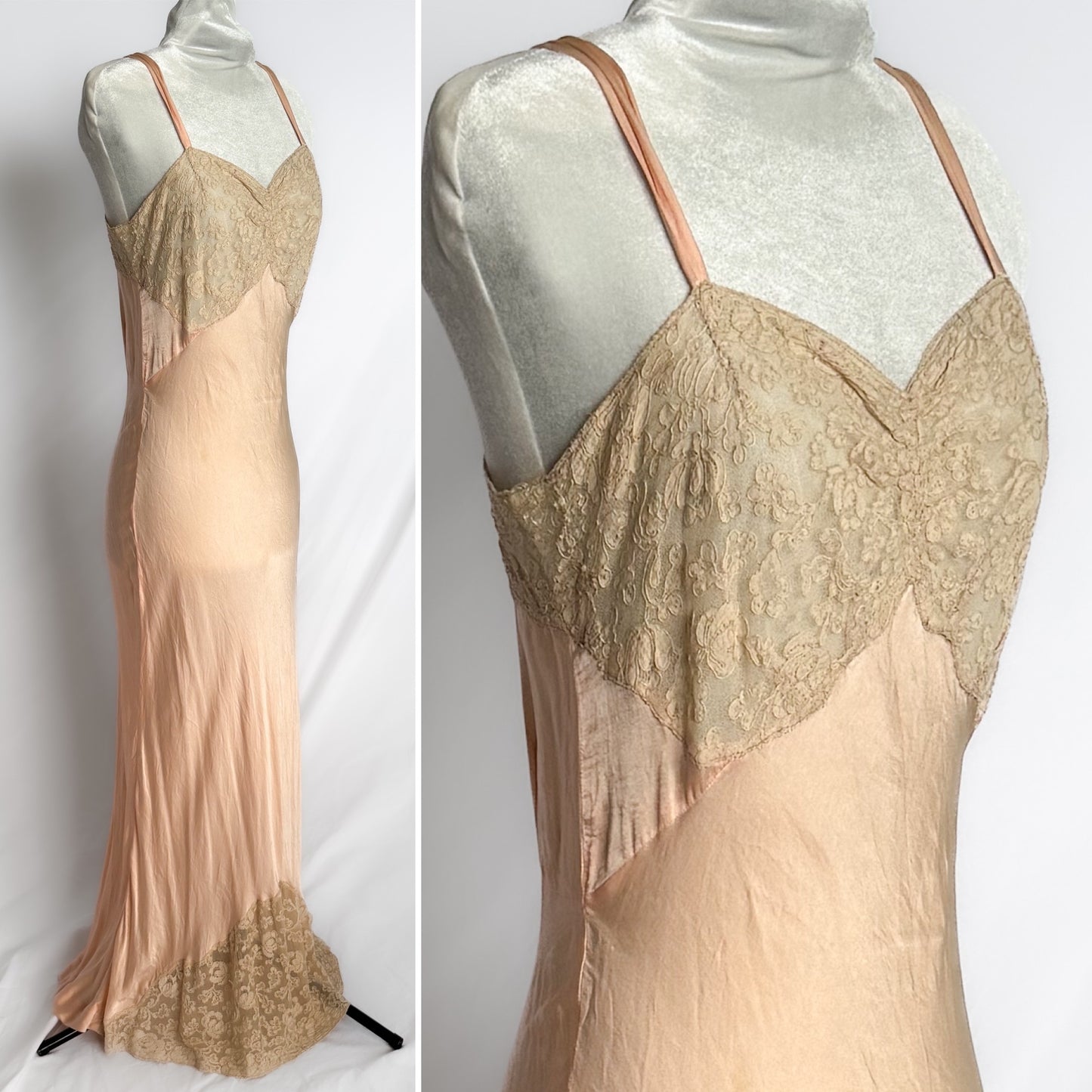 1930s/40s vintage 100% silk maxi slip dress in pink peach