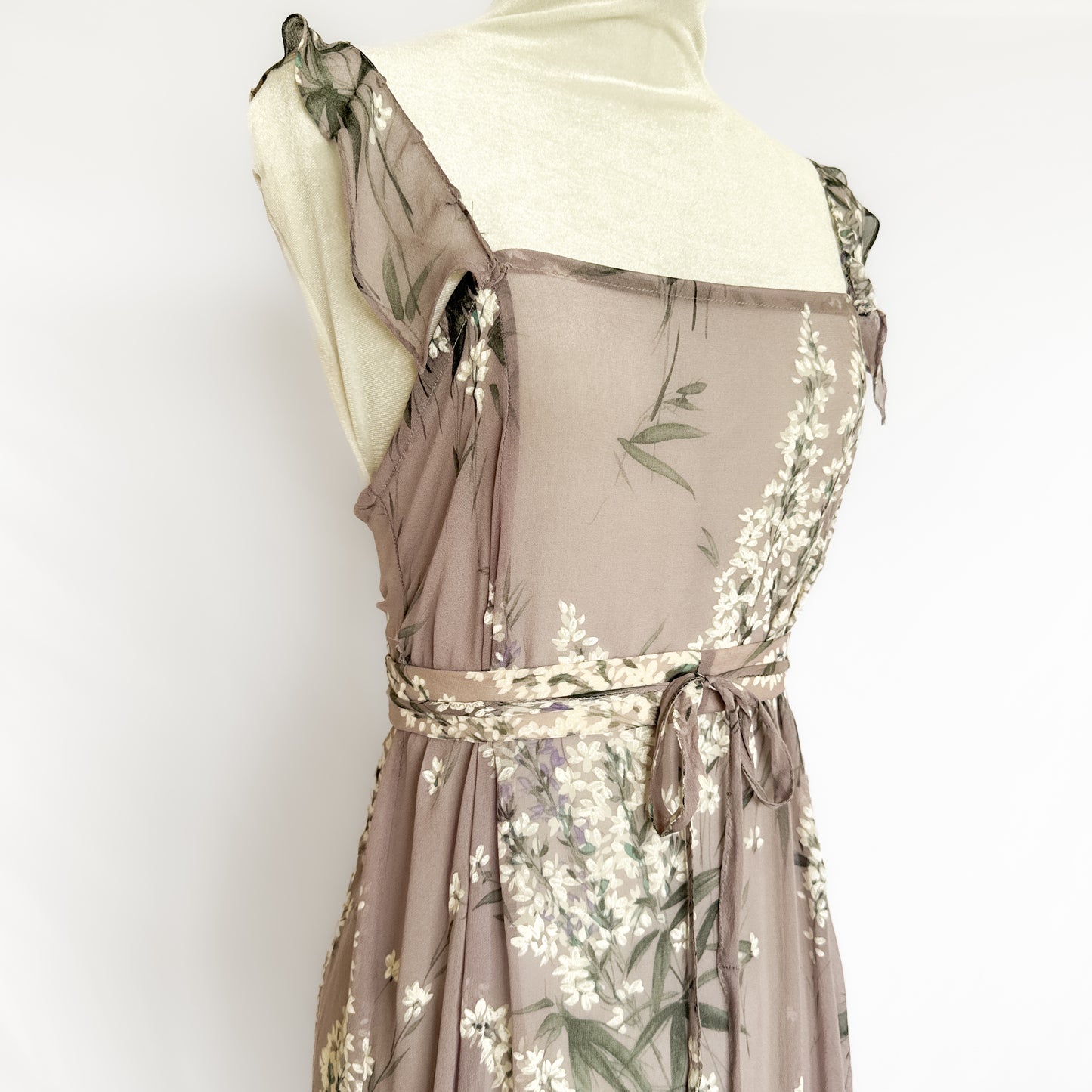 100% silk chiffon floral maxi slip dress & belt in lavender purple