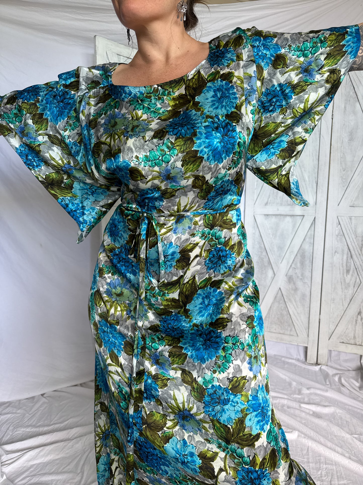 Floral satin maxi dress in 1960s turquoise, olive green and grey