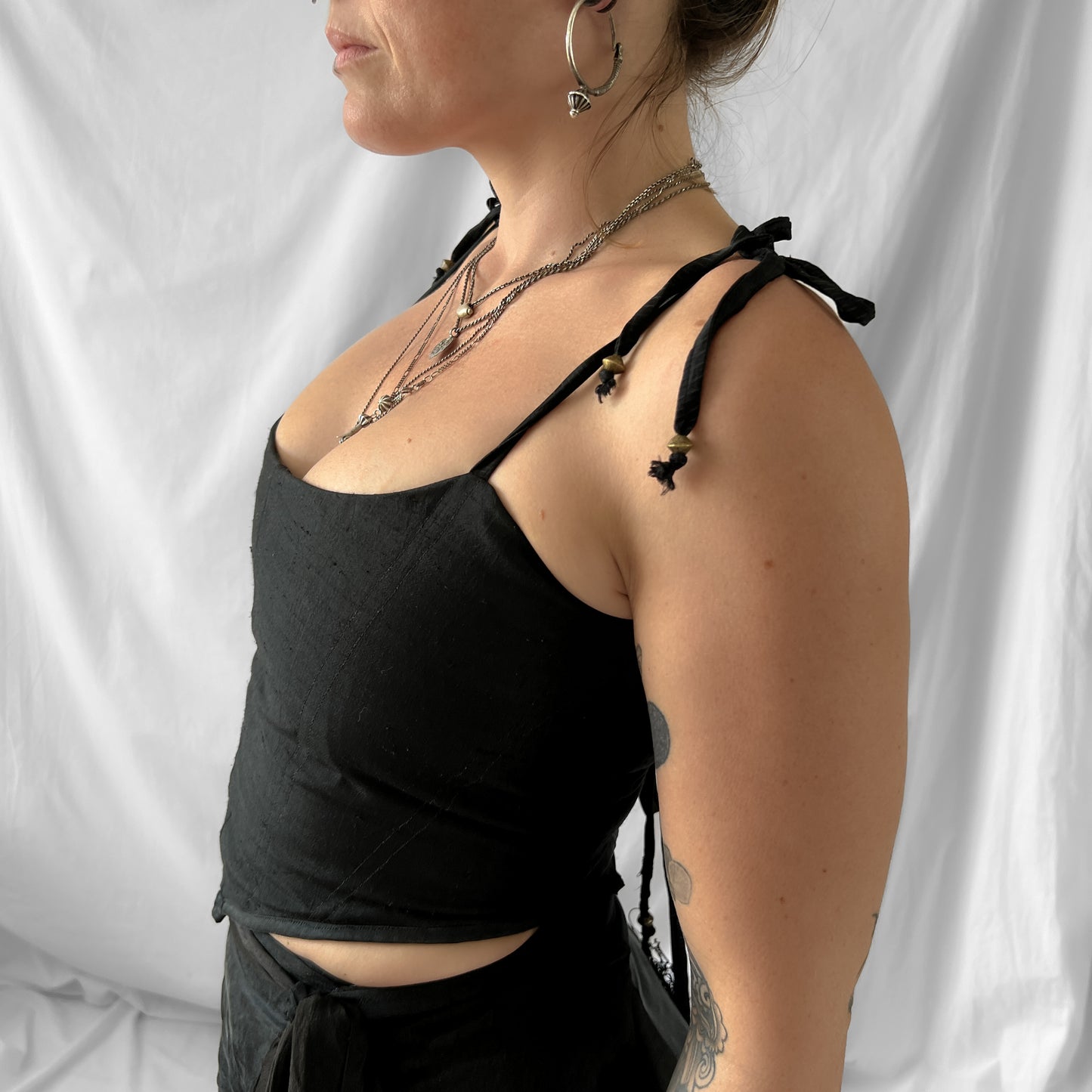 SOLDHand made 100% silk corset cropped top in matte jet
