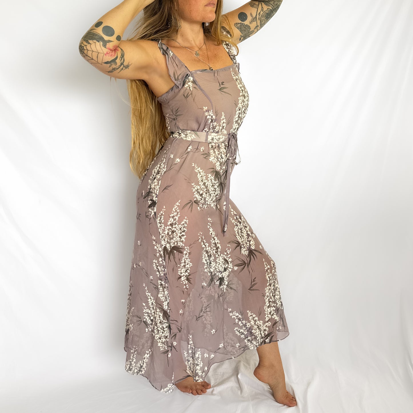 100% silk chiffon floral maxi slip dress & belt in lavender purple