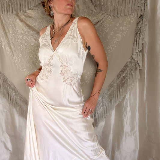 1930s Vintage silk maxi slip dress in egg shell white