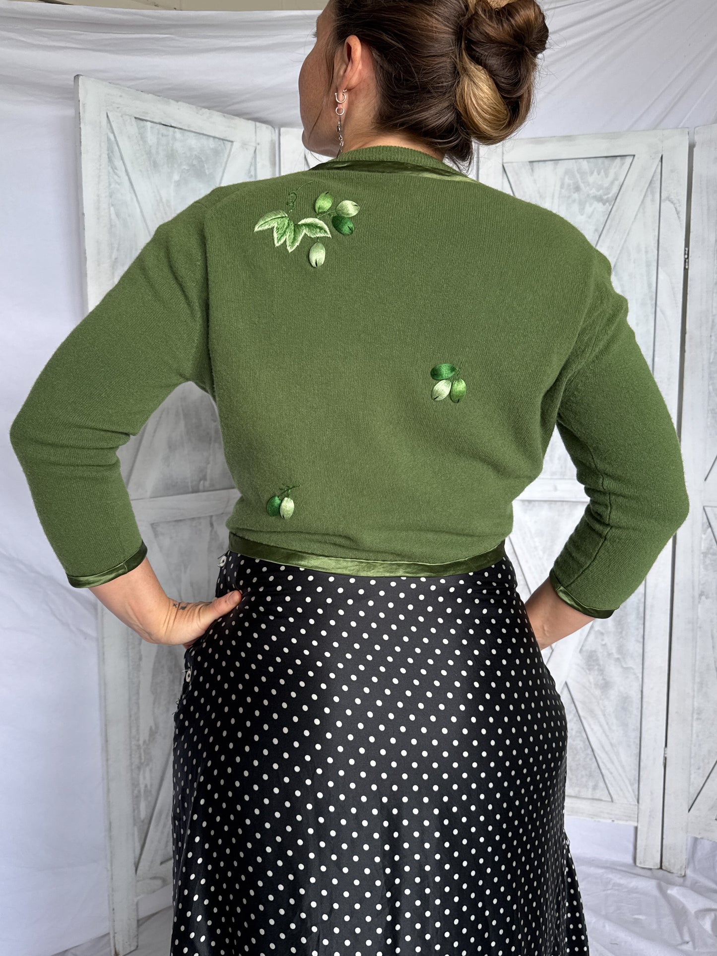 1950s green cardigan rayon satin cuffs and hem