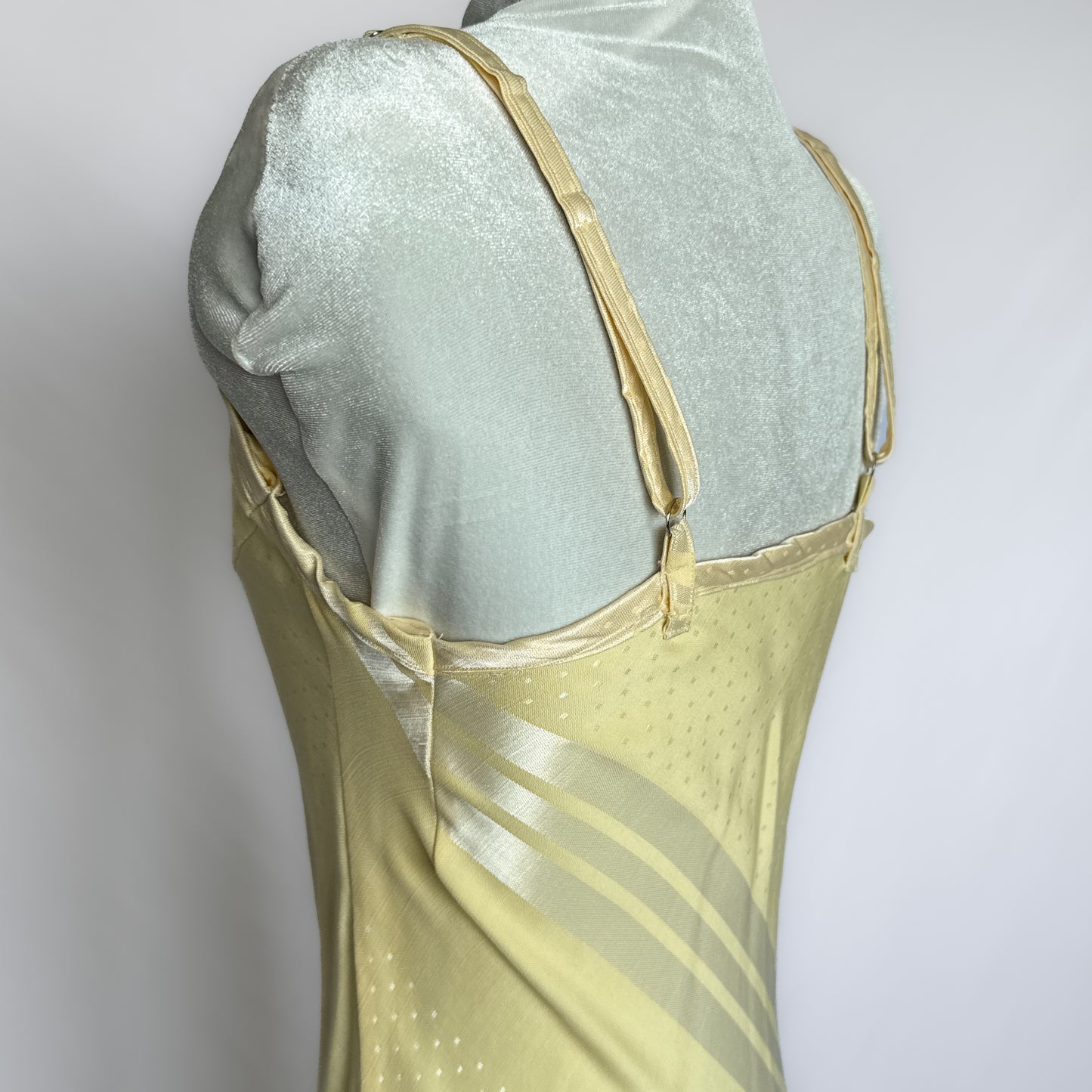 Vintage maxi slip dress in glossy yellow cream striped and dotted