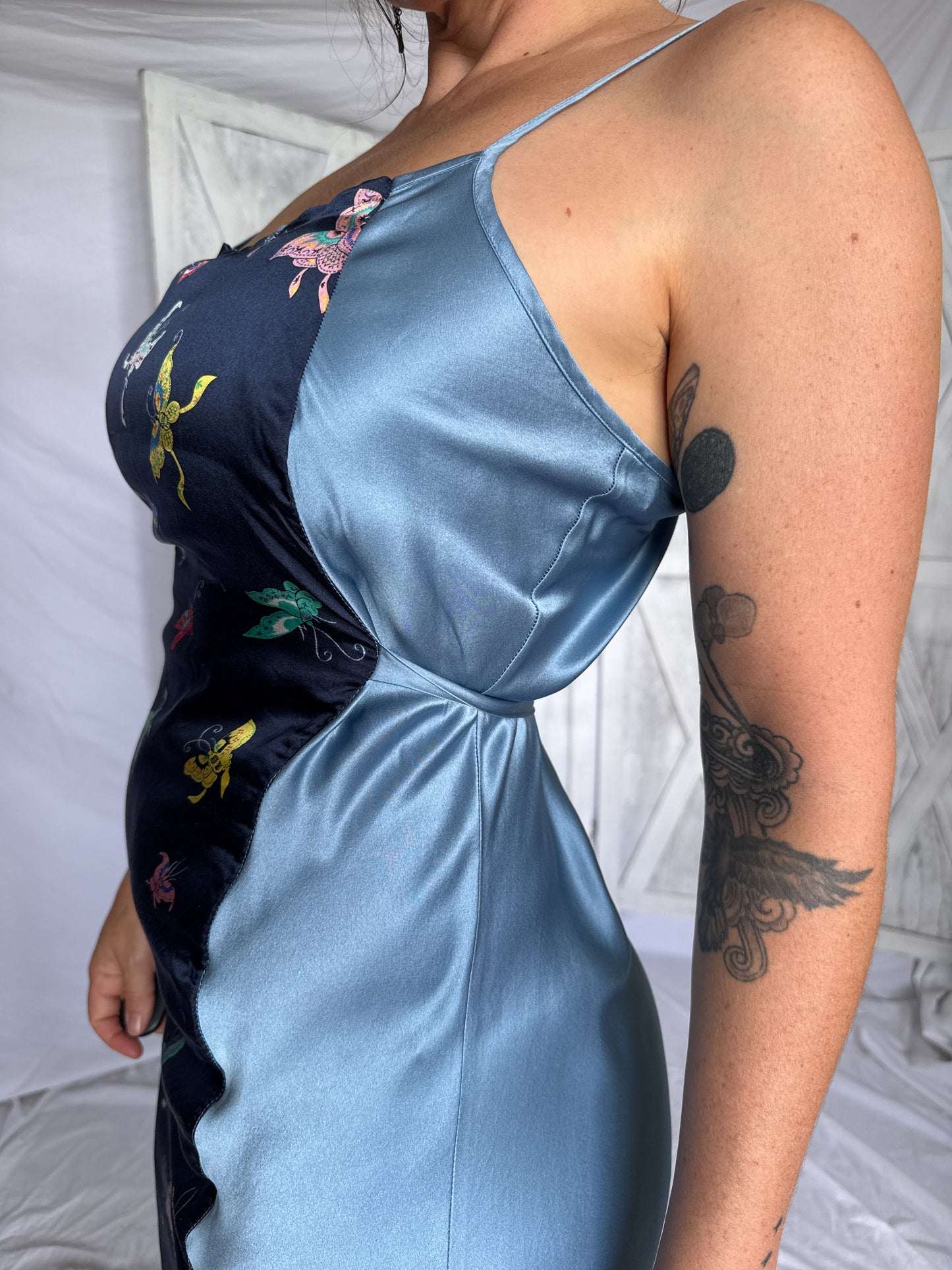 Maxi slip dress- 100% silk- butterfly patterned dress
