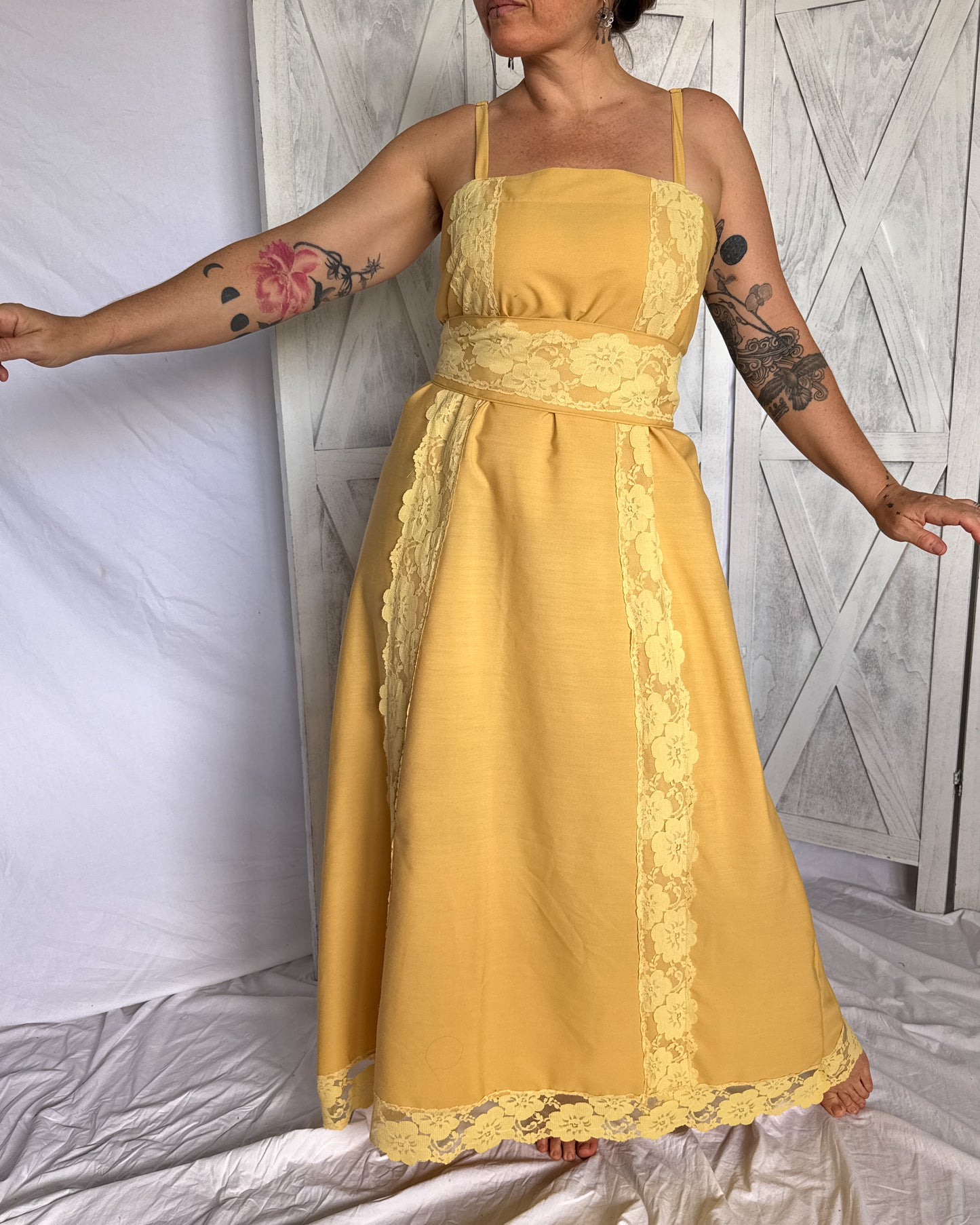 Vintage lace maxi prairie dress is mustard yellow