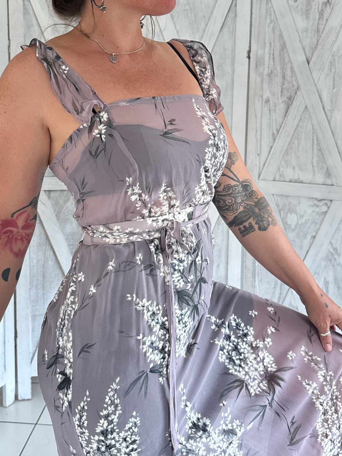 100% silk chiffon floral maxi slip dress & belt in lavender purple